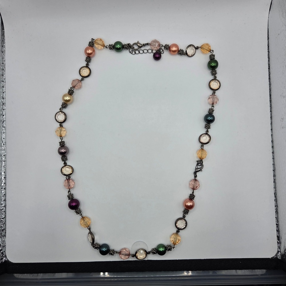 Multicolor Faux Pearl Crystal Beaded Gunmetal Tone Necklace 26" Adjustable